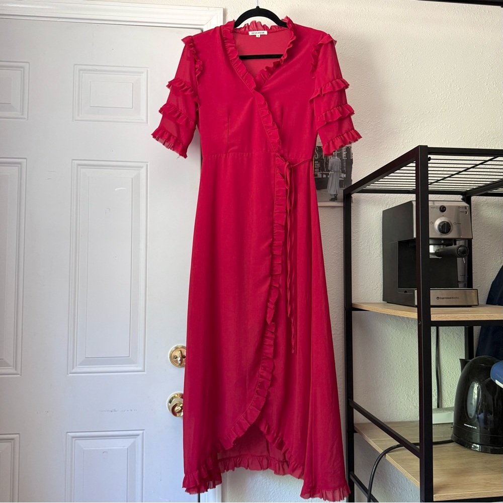 JESSAKAE red ruffle surplice short sleeve midi wrap style dress